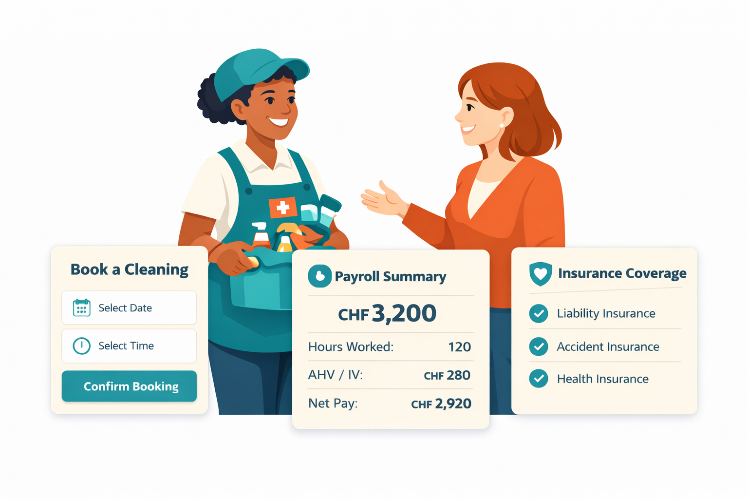 Helper and client reviewing booking, payroll, and insurance coverage in one flow